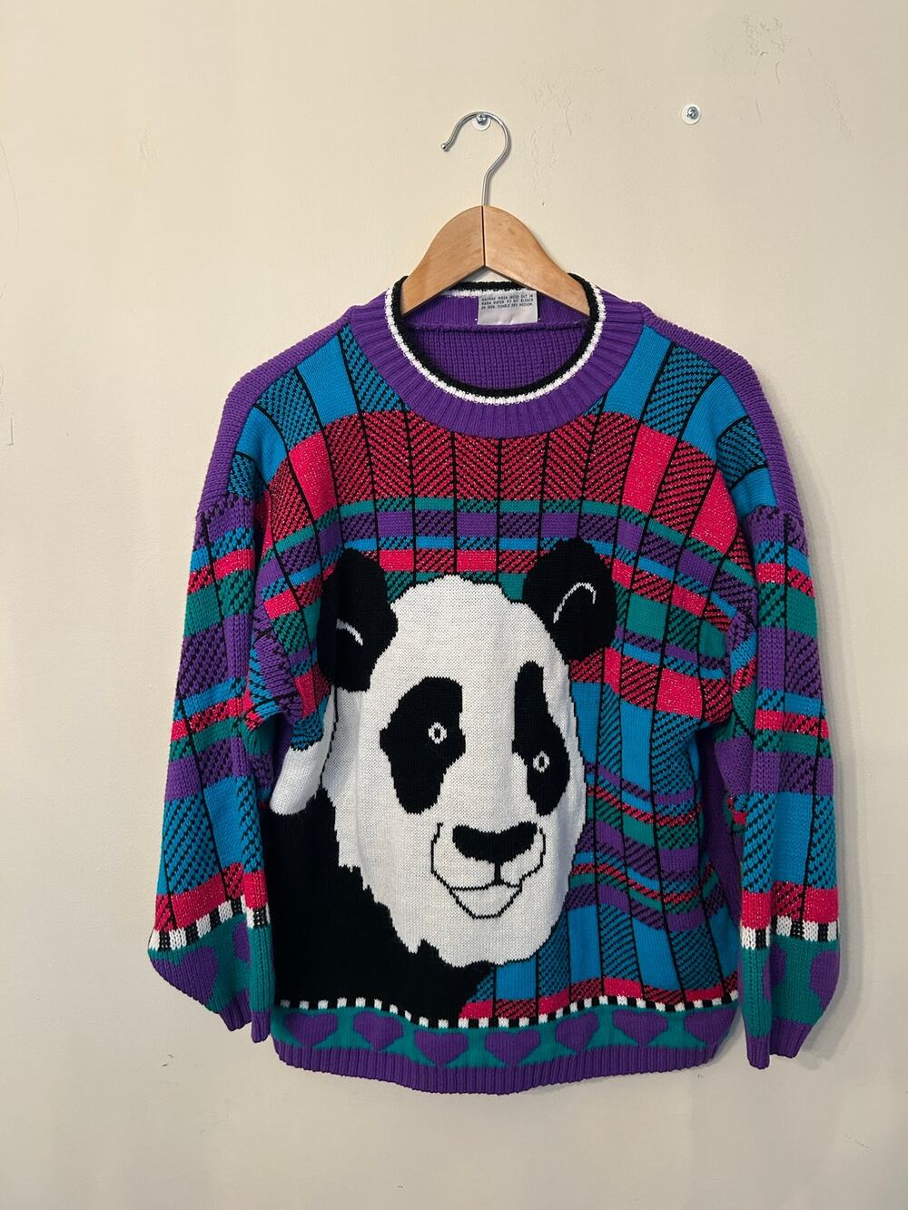 Vintage 80s Hot Cashews Panda Bear Plaid Knit Sweater Graphic Novelty Retro M